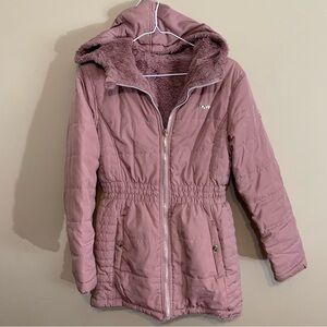 Long Puffer Coat Fur Lined Pink Hoodie Pockets DKNY